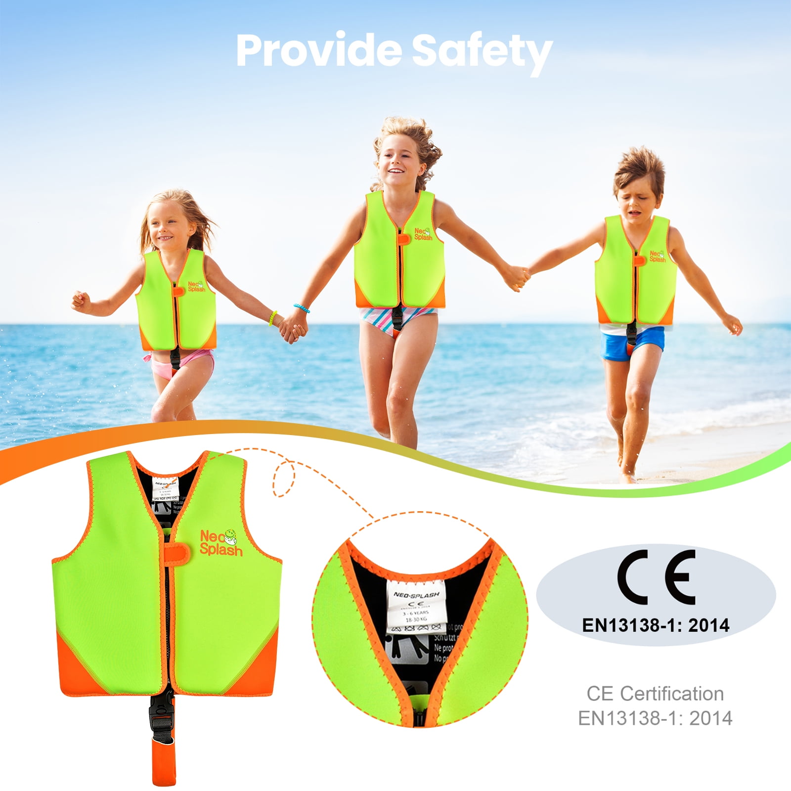NEO-SPLASH Toddler Swim Vest, Neoprene Life Jacket for Kids Ages 1-3 (24.3-41.8 lbs), Green Dinosaur