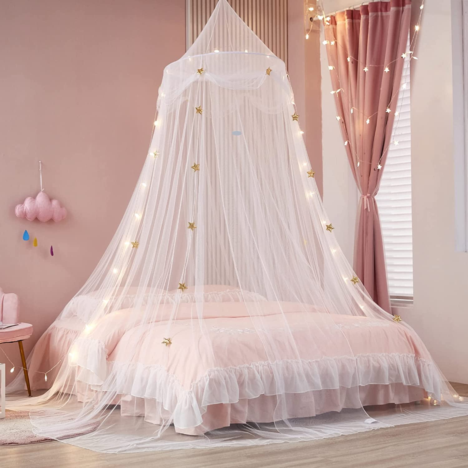 Bed Canopy with Lights,Bed Canopy for Girls Canopy Bed Curtains Girls Bedroom Decor for Twin to King Size Bed (Purple and Pink)