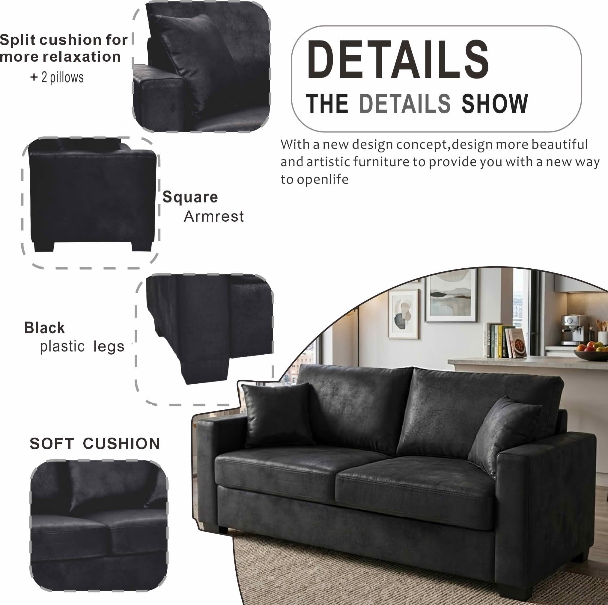 MAYEERTY 69 Inch 2‑Seater Upholstered Sofa, Textured Fabric Couch with 2 Throw Pillows and Plastic Legs for Apartment, Living Room, Home Office