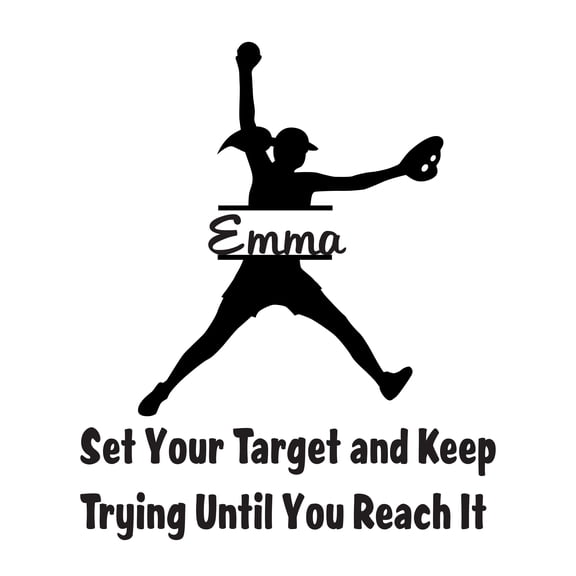 Personalized Name Sports Wall Decal Girl Playing Softball Custom Name Bedroom Wall Decal for boys and girls Softball Set your Target and Keep trying Themed Kids Room Décor - Size: 8 In x 10 In