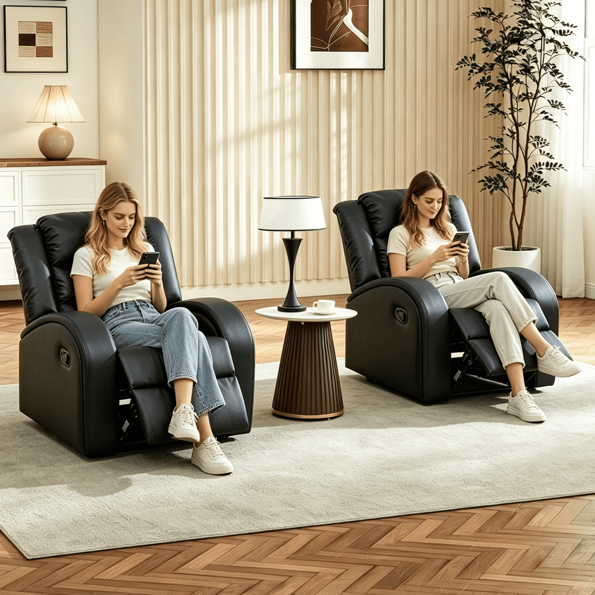Gewnee PU Manual Recliner Chair Set of 2,Single Sofa Recliners,Adjustable Backrest,Comfort Lazy Chair for Living Room,Bedroom.Black