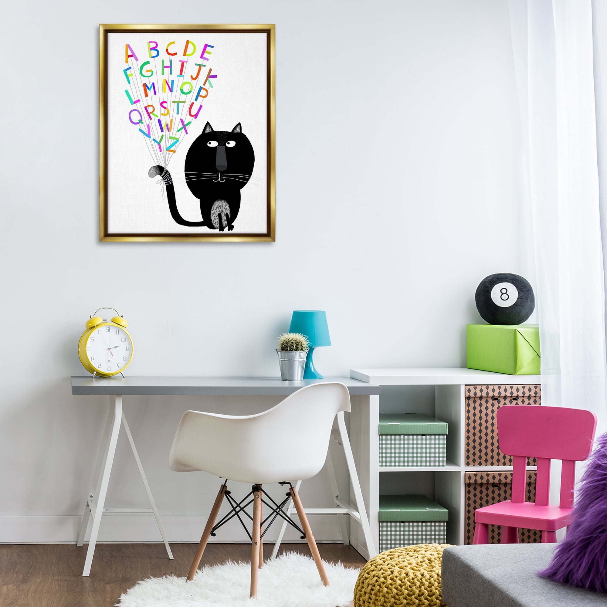 Stupell Industries Cat with Alphabet Animals & Insects Painting Gold Floater Framed Art Print Wall Art, 25 x 31