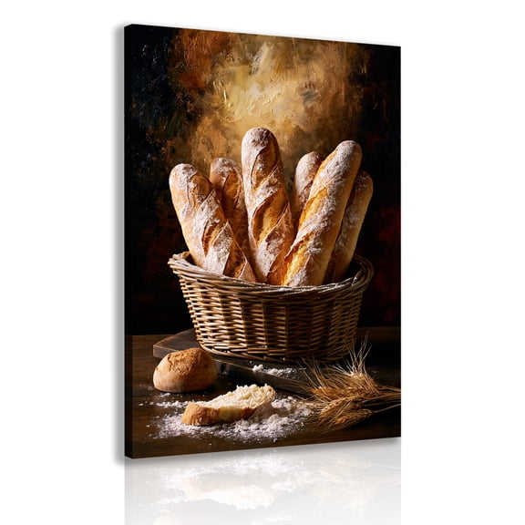 Rustic handmade bread basket canvas painting, baguette poster, farmhouse bakery mural, cozy kitchen and dining room decorative frame.