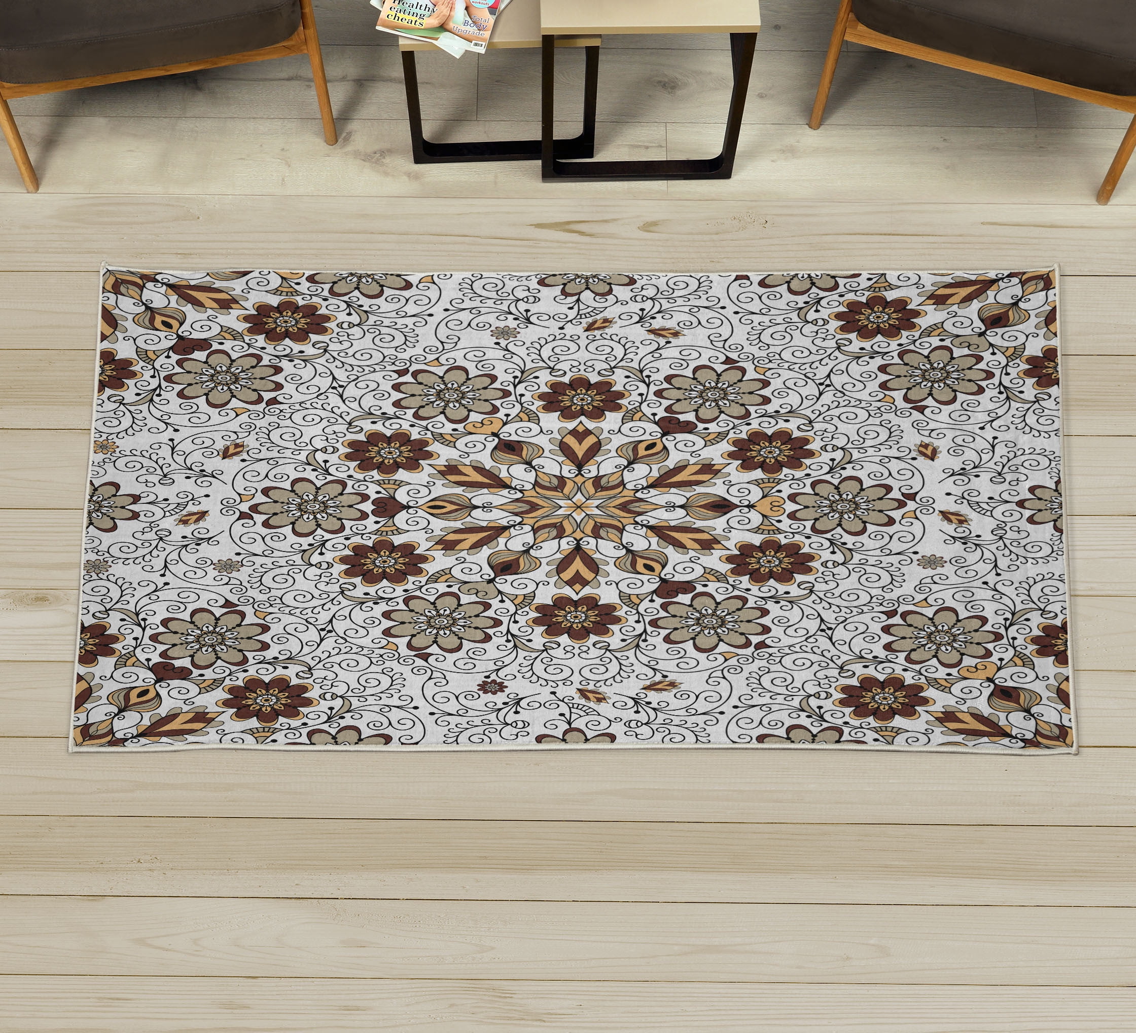 Ethnic Decorative Rug, Vintage Abstract Flower Swirls Leaves Doily ...