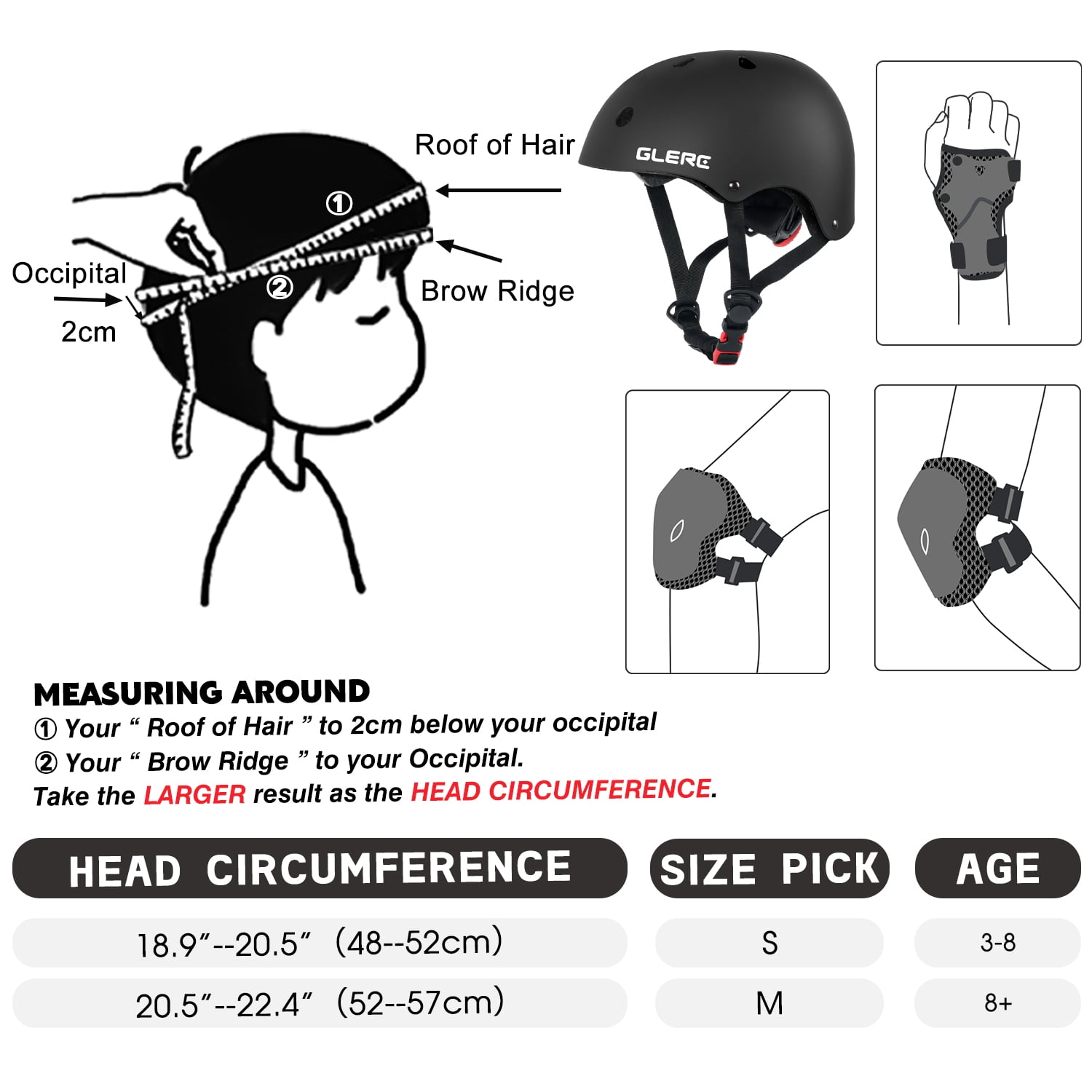 Glerc Kids Sports Helmet with Handguard & Kneepad for Age 8-16 Year Old Toddler and Child, M Size Black