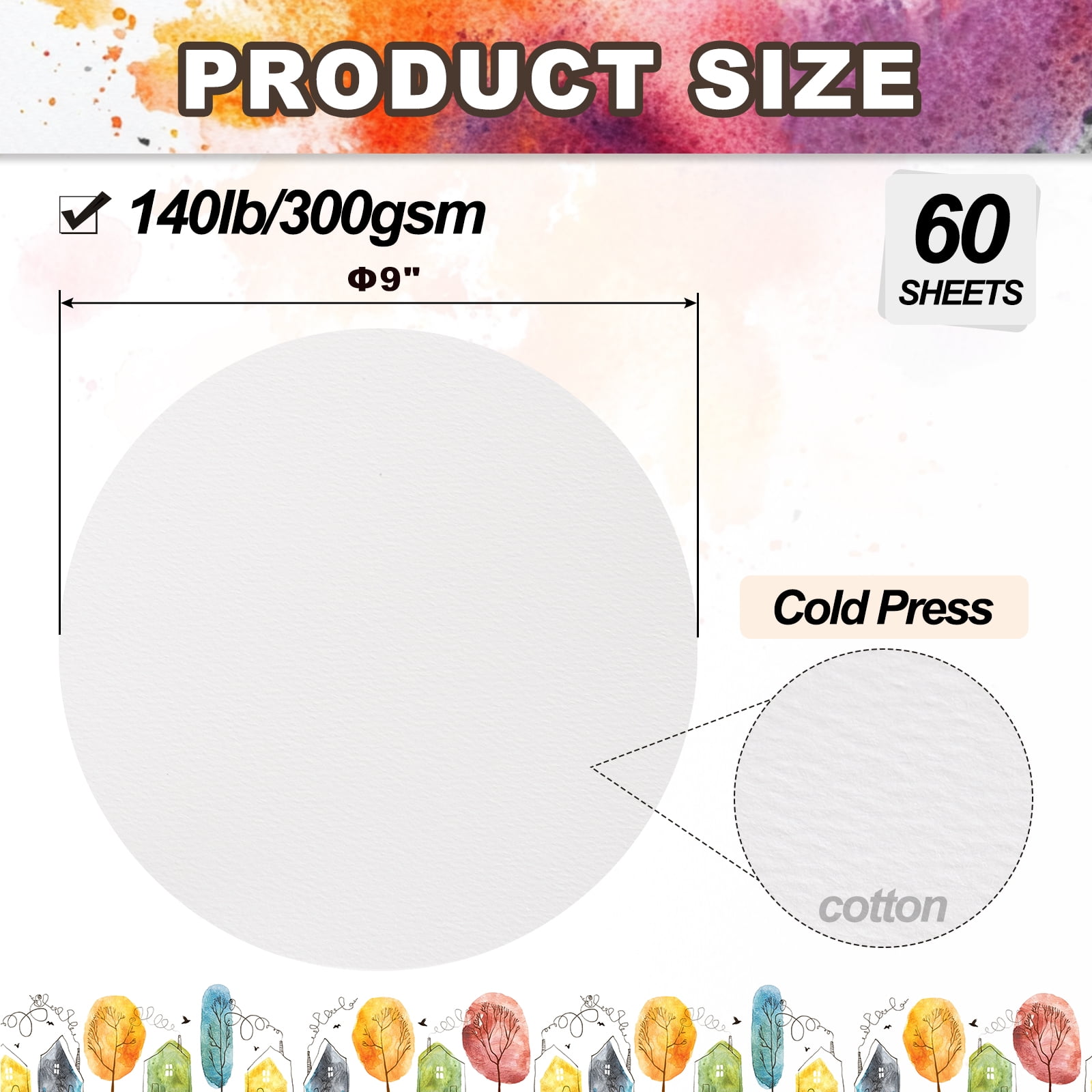 Uxcell 60 Sheets Cotton Watercolor Paper Round 140lb/300 GSM Cold Press Water 9 Inch
