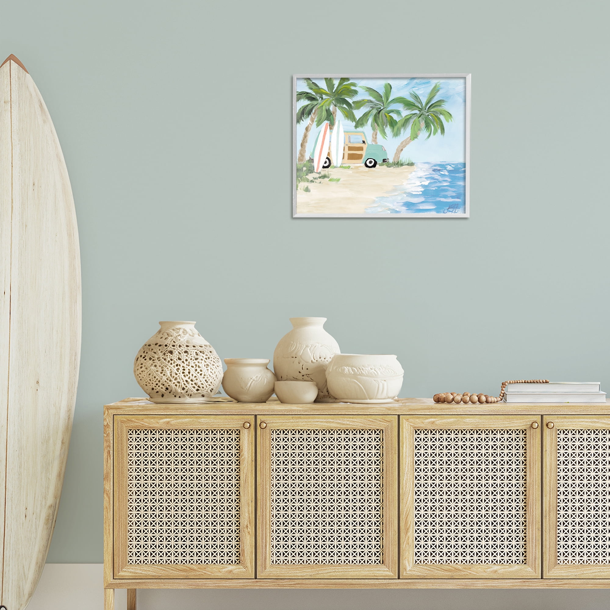 Stupell Industries Tropical Vacation Surfboards Landscape Painting White Framed Art Print Wall Art, 20 x 16
