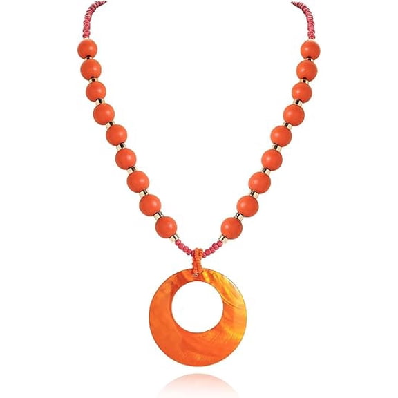 Coiris Shell Pendant Necklace for Women Long Natural Wood Beads Bohemian Handmade Chunky Jewelry for Women