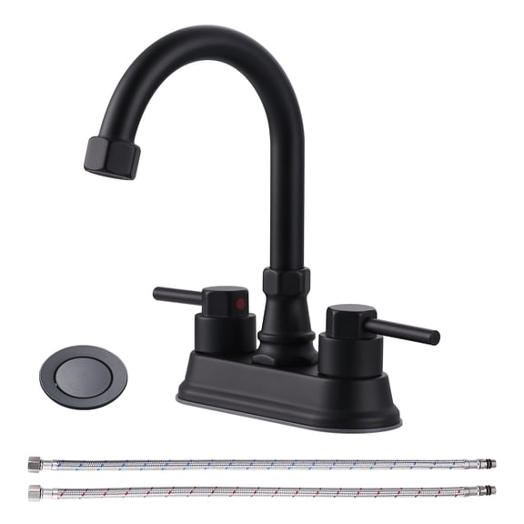 Wowow 4 in. Centerset Double Handle High Arc Bathroom Sink Faucet with Pop Up Drain in Matte Black