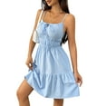 thumbnail image 3 of Womens Summer Spaghetti Strap Mini Dress Square Neck Sleeveless Smocked Waist Tiered Flowy Sundresses Blue M, 3 of 9
