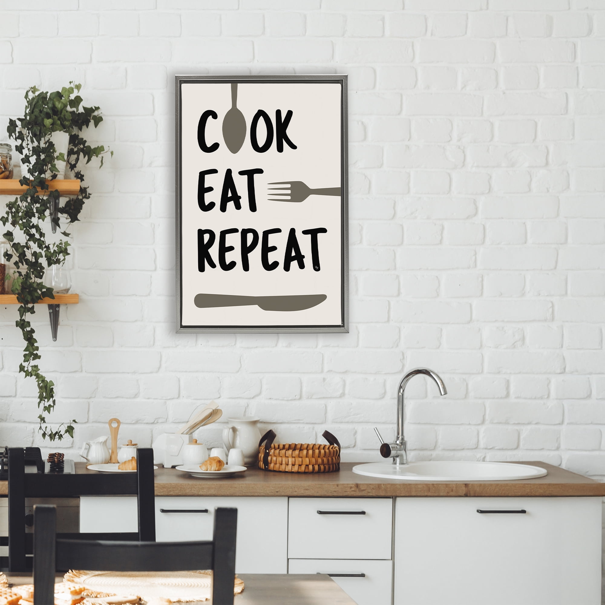 Stupell Industries Cook Eat Repeat with Utensils Gray Framed Floater Canvas Wall Art, design by Martina Pavlova