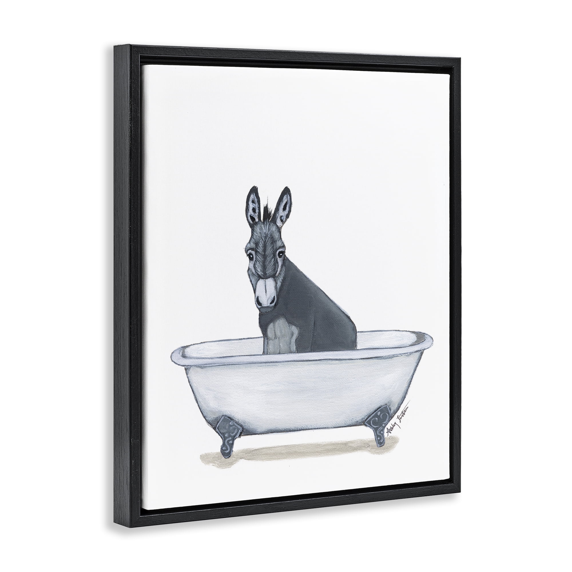 Stupell Industries Donkey in Tub Sketch Bath & Laundry Painting Black Floater Framed Canvas Art Print Wall Art, 25 x 31