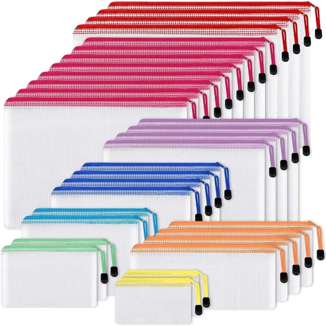 EOOUT 30 bolsas de malla con cremallera, 8 tamaños, bolsas de plástico con cremallera, 8 colores, bolsas impermeables con cremallera para organización, multiusos para viajes, suministros escolares, el