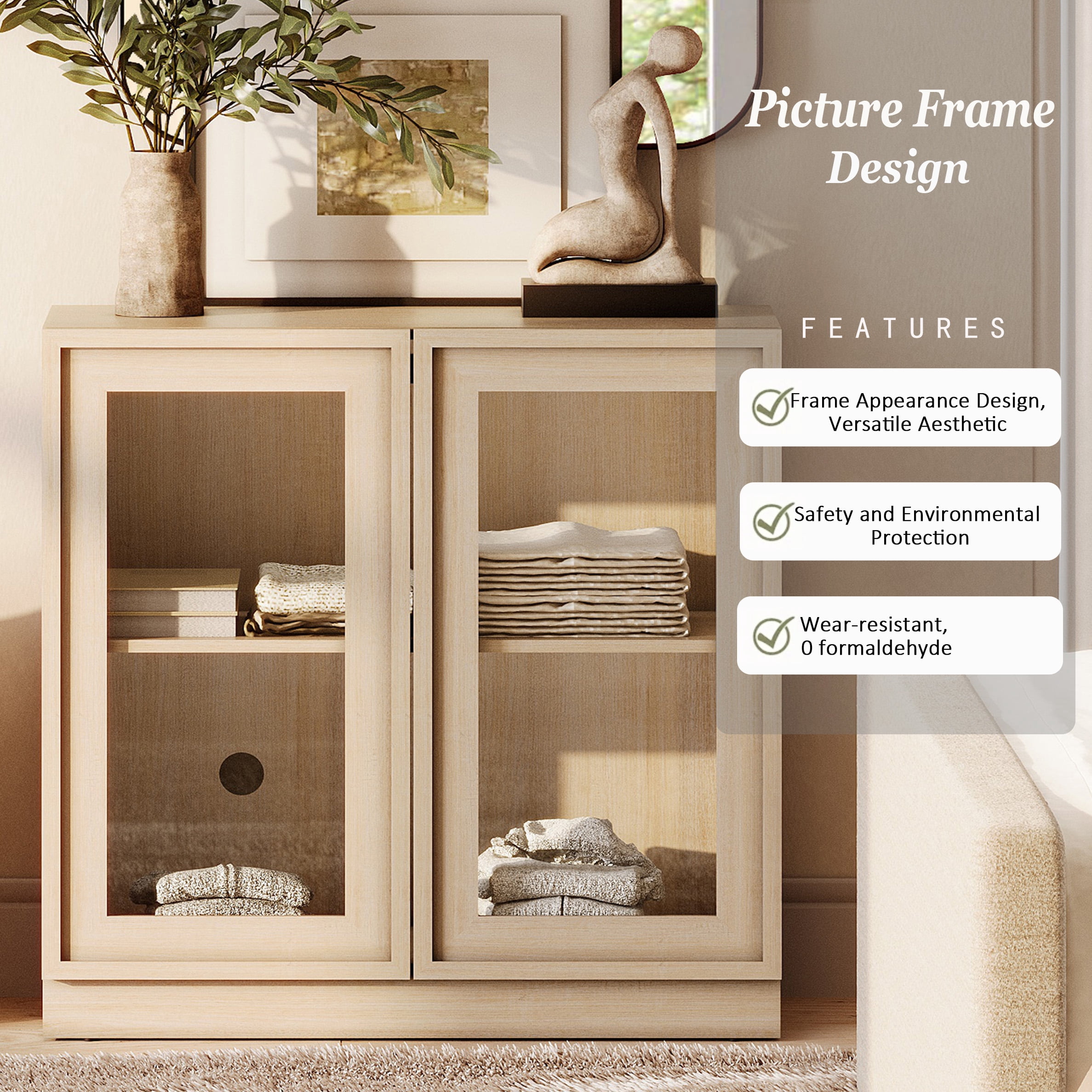 72" Tall Modern Sideboard Buffet Cabinet, Glass Door Storage Cabinet with Adjustable Shelves, Layered Wood Console Cabinet for Dining Room,Living Room, Entryway,Beige