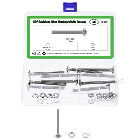10 Set Carriage Bolts and Nuts Kit M6-1.0x70 Stainless Steel 304 Round Head Square Neck Carriage Bolts Screws and Hex Nuts and Flat Washers - Silver