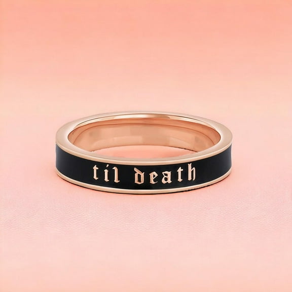 4mm Wide Til Death Black White Enamel Band Ring, Personalized Band, Anniversary Wedding Ring, 925 Sterling Silver, Stacking Band, Gift Her