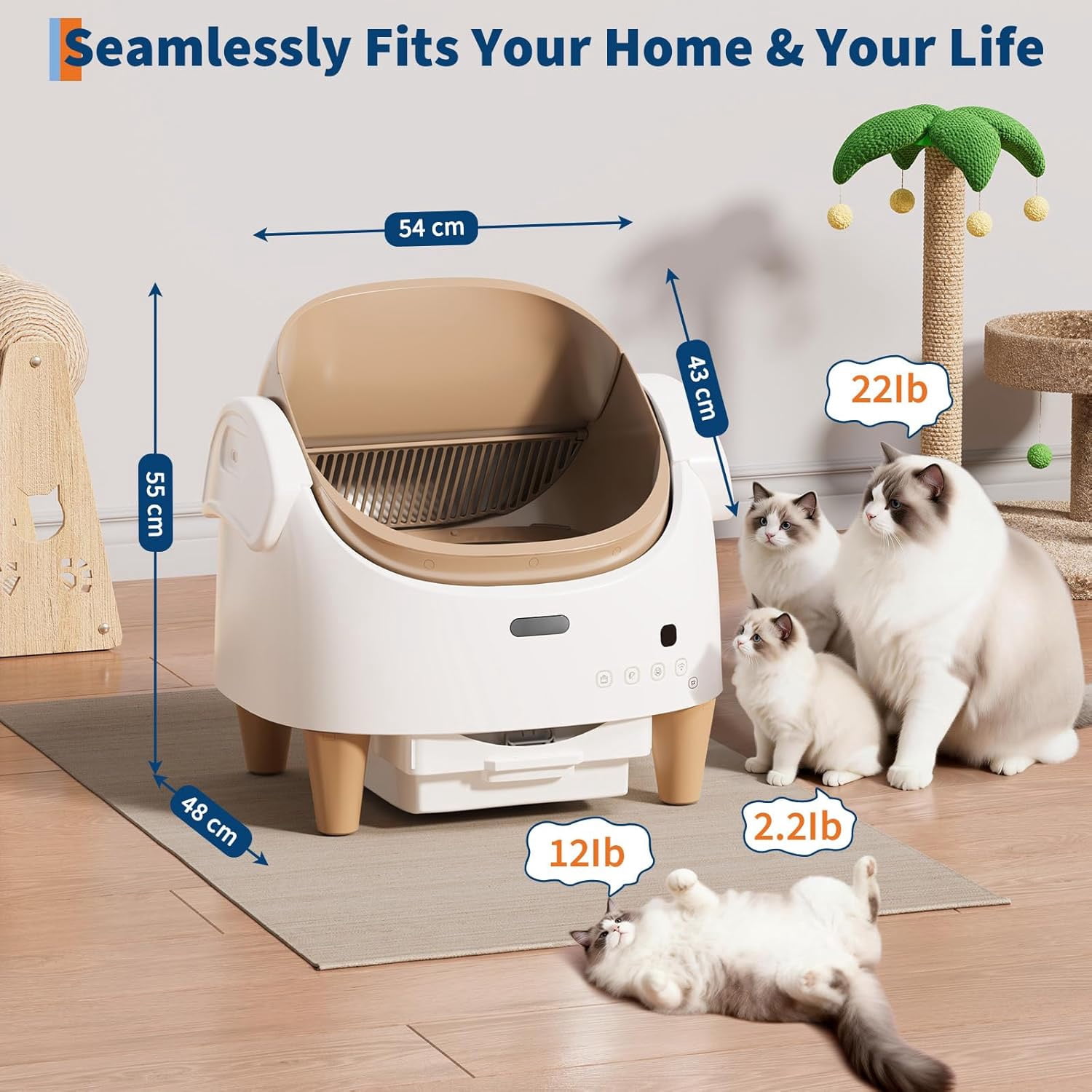 Memoryfield Open-Top Self Cleaning Cat Litter Box with App Control, Safety Sensors, Odor Control, Bags, Beige