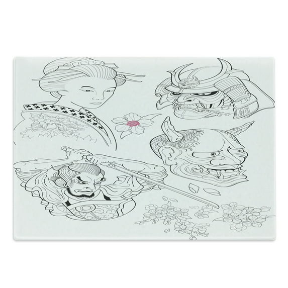 Kabuki Cutting Board, Samurai Warrior and Japanese Woman Portrait Drawings Sakura Blossoms, Decorative Tempered Glass Cutting and Serving Board, Large Size, Black White Pink, by Ambesonne