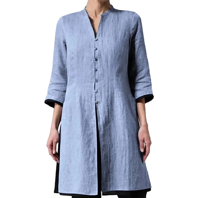 Hauts d'Été pour Femmes, 2024 Cardigans d'Entraînement Grande Taille Habillé Décontracté Coton Lin Moyen Long Coupe Ajustée Taille Coupe Ajustée Manches Cardigan Chemise Bleue