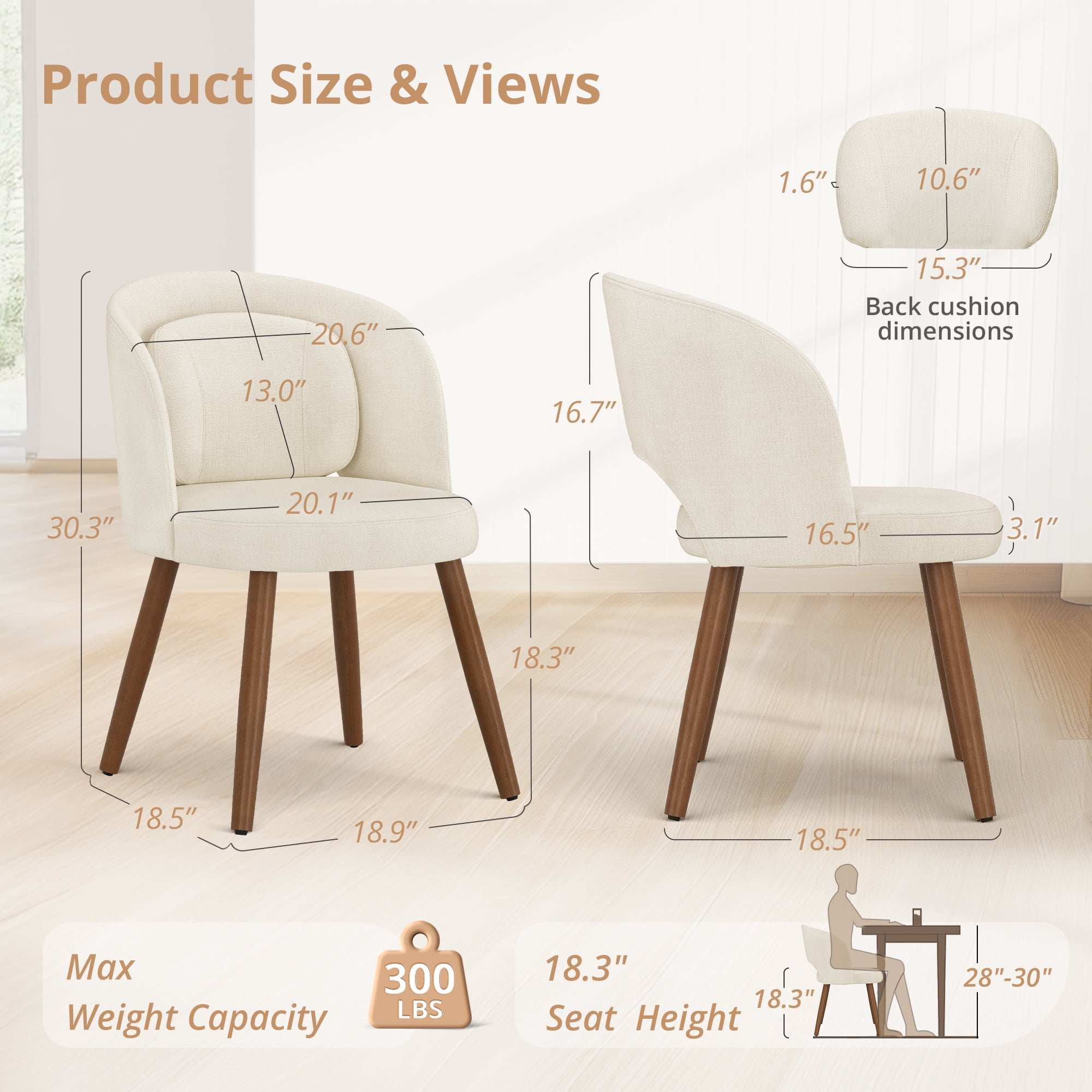 Dycanpo Upholstered Dining Chairs Set of 2, Wooden Dining Side Chairs with Curved Backrest & Individual Back Cushion, Linen-Fabric
