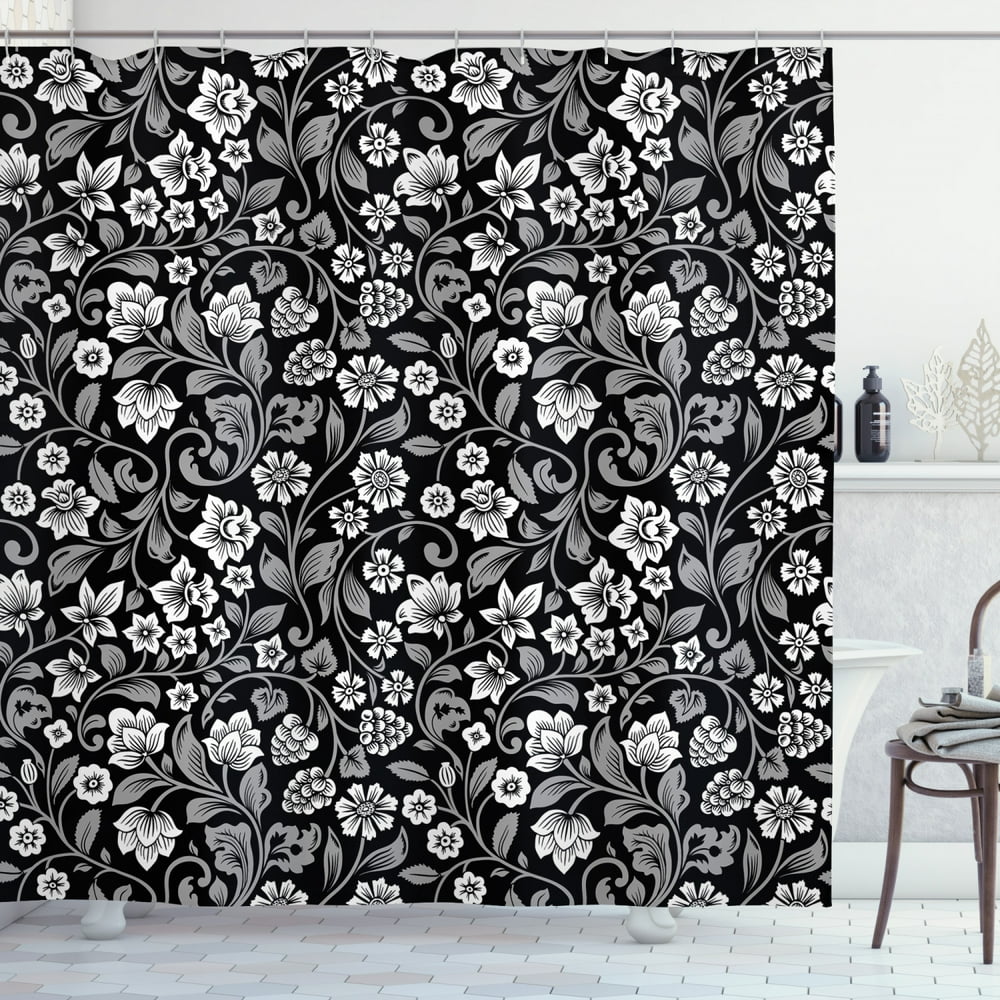 Black and Grey Shower Curtain, Continuous Floral Pattern with Berries