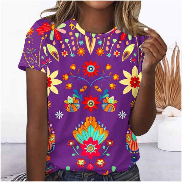 Fiudx Ofertas Flash Del Día Solo En Línea Camiseta Estampada Informal y de Moda para Mujer con Cuello Redondo y Top de Manga Corta