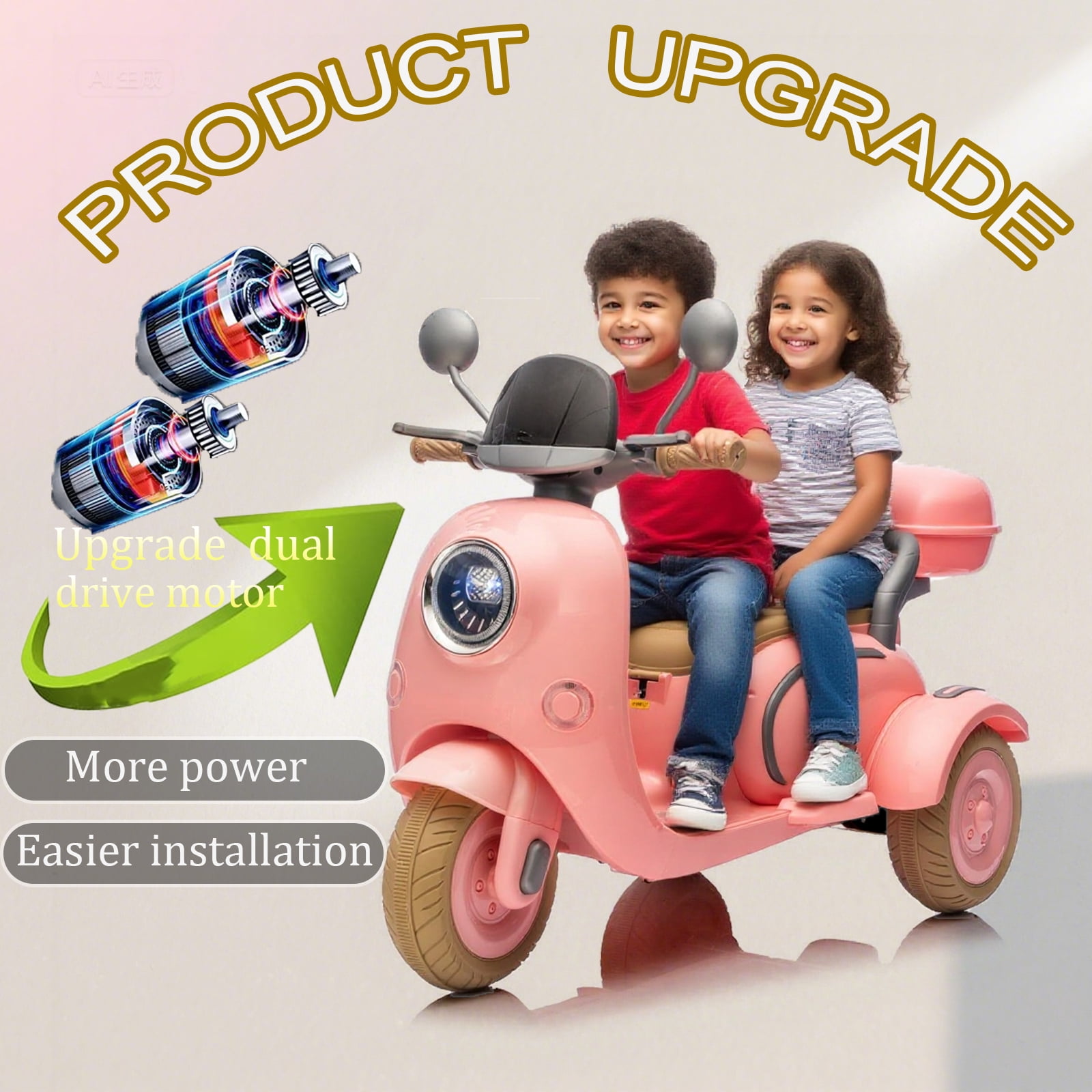 FINITO 12V 2 Seater Kids Electric Motorcycle, 3 Wheel Electric Bike with Storage Box, Bluetooth Music, LED Light, 2WD Electric Motorcycle for Kids, Pink