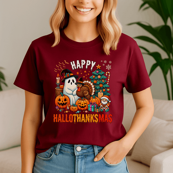 Happy Hallothanksmas Tshirt, Halloween Thanksgiving Christmas Shirt, Holiday Season Tee, Turkey Gift, Vintage Ghost ,Merry Christmas