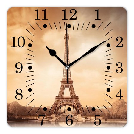 10 Inch Wall Clock Battery Operated Square Clock for Office, Kitchen, Outdoor, Living Room,Eiffel Tourist Attraction In Paris France Brown Design