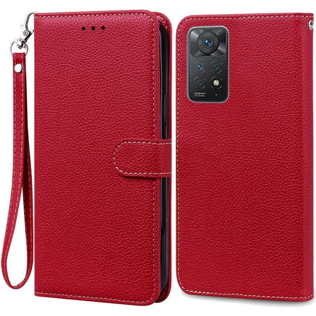 Note 11 Case For Xiaomi Redmi Note 11 11S Case Leather Wallet Flip Case For Redmi Note 11 Pro Phone Cases Note 11S Cover Fundas Dark Red -Strap Note 11