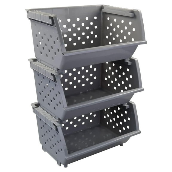 3-Pack Plastic Stackable Storage Baskets, Stacking Organizer Bins, Grey