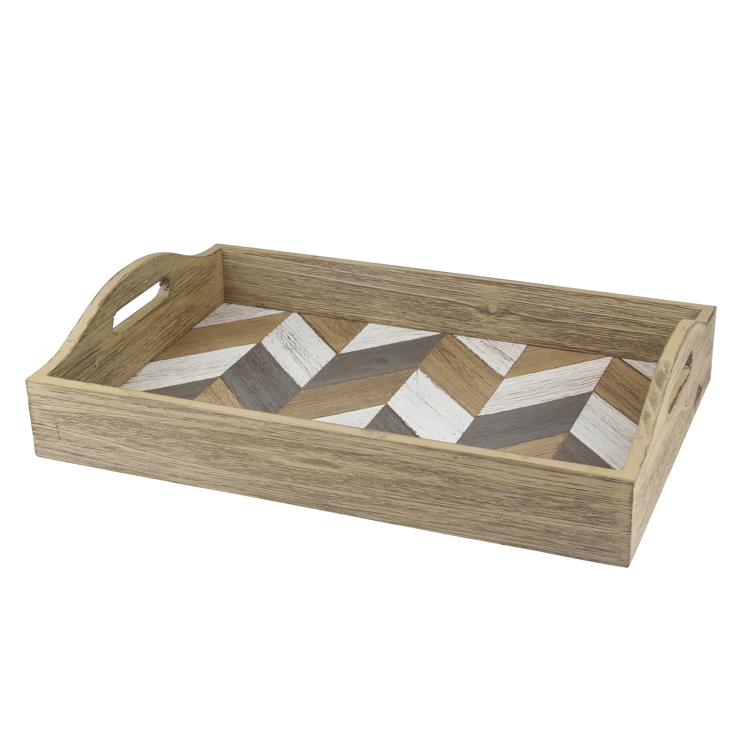 Stonebriar 18" x 12.1" Solid Wood Tray with Decorative Chevron Base