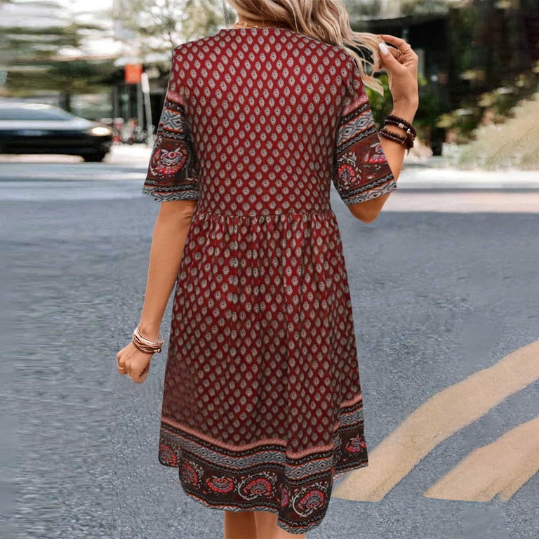 pstuiky Summer Dresses 2025, Women V-Neck Short Sleeve Printed Dress Boho Style Dress Knee-Length Mid-Calf Dress Holiday Dress Leisure Mint Green M