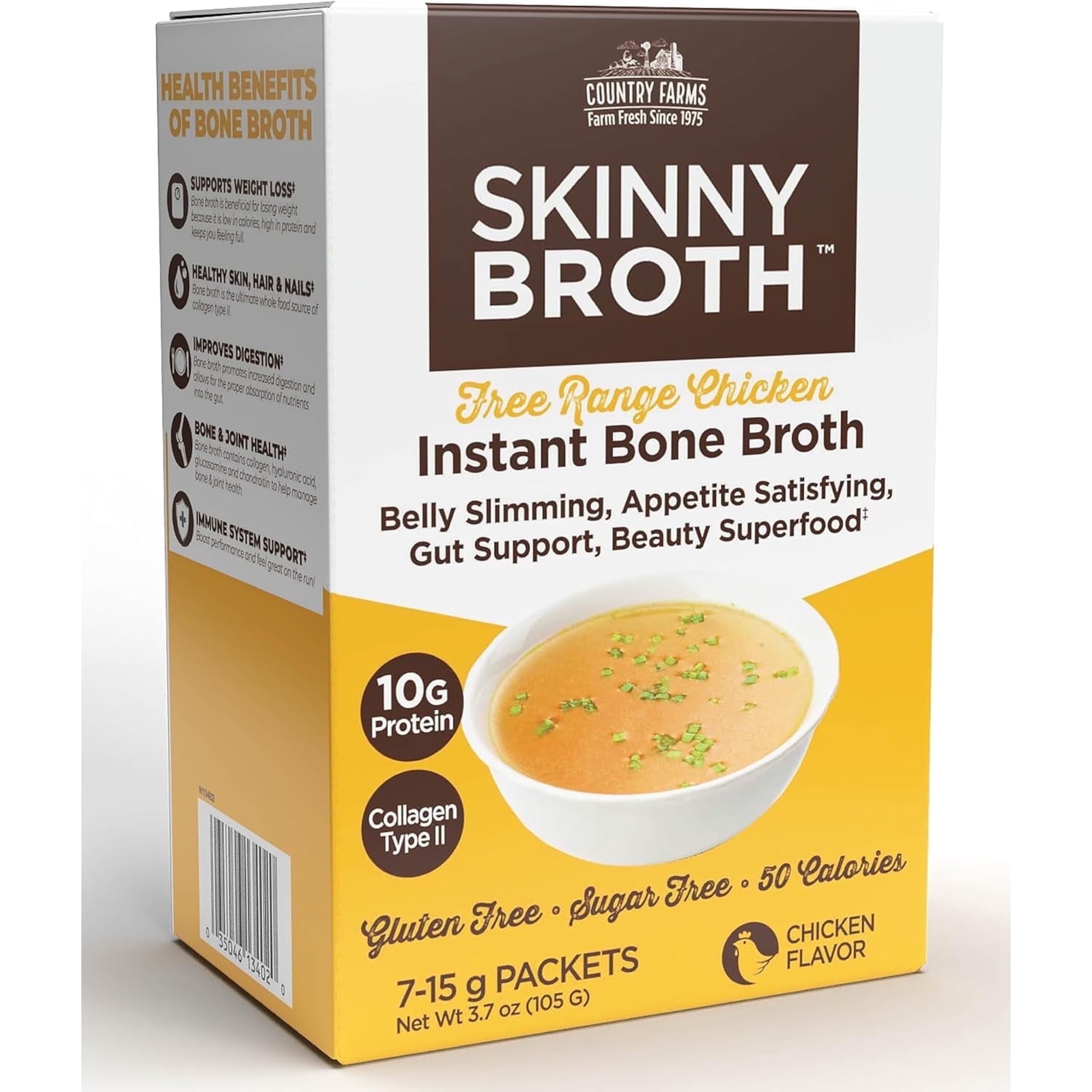 Country Farms Skinny Broth, Instant Chicken Bone Broth, 10G Protein, Collagen Type II, Promotes Better Digestion, Supports Bone Health, 7 Day Plan, 7-15g Packets