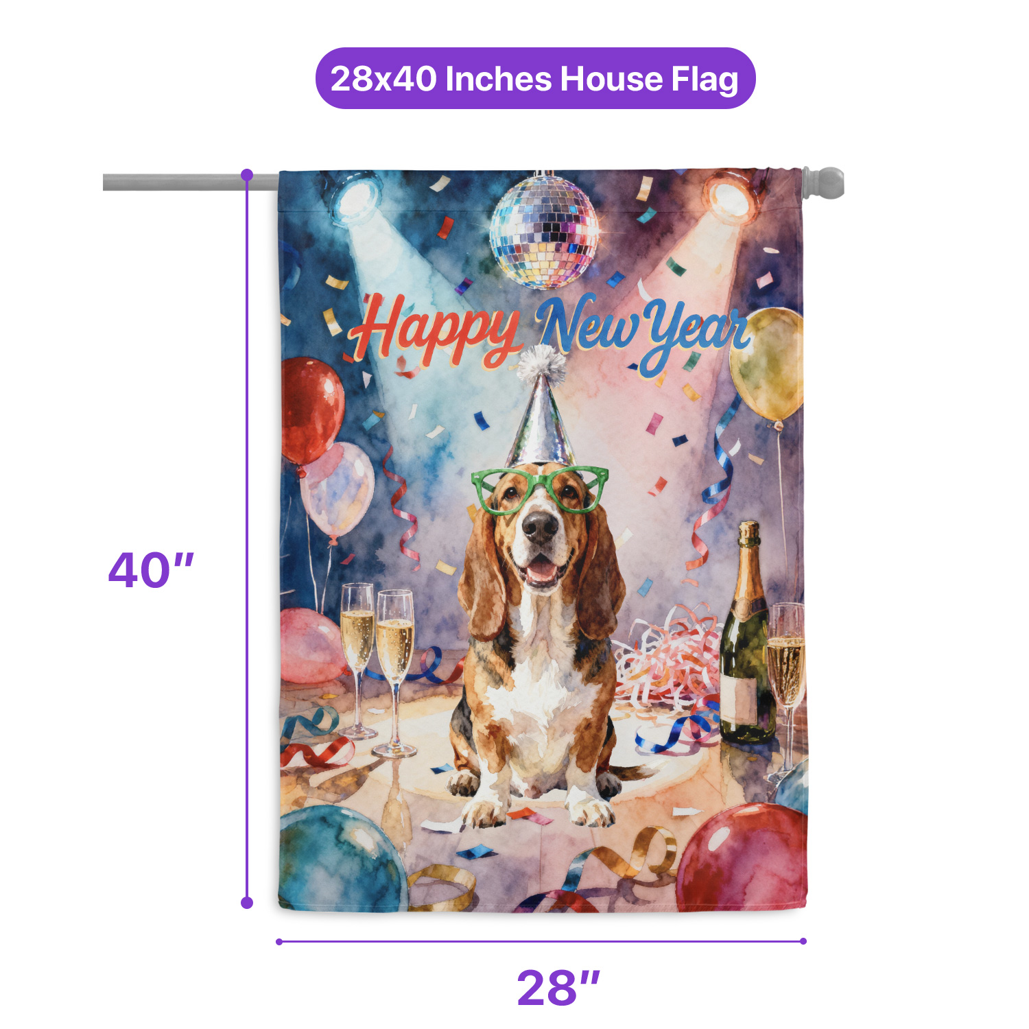 Happy New Year Basset Hound Chills on Year-End Party House Flag 28x40in Double Sided Bassets Dog Breed Lovers Gifts Idea Outdoor Decor - 12023