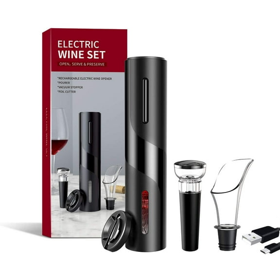 Electric Wine Opener, with Foil Cutter, Vacuum Stopper and Wine Aerator Pourer & USB Charging Cable Cordless,Rechargeable Automatic Corkscrew for Dating,Party and Wine Lover, Elegant Black