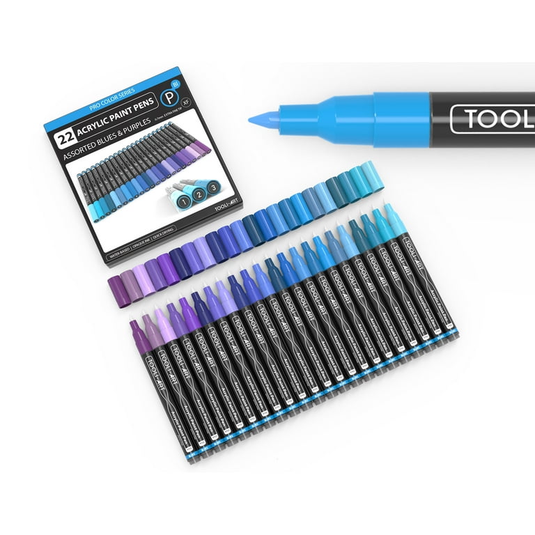 Acrylic Paint Pens 22 Assorted Blue and Purple Pro Color Series Specialty Markers Set (0.7mm Extra Fine)
