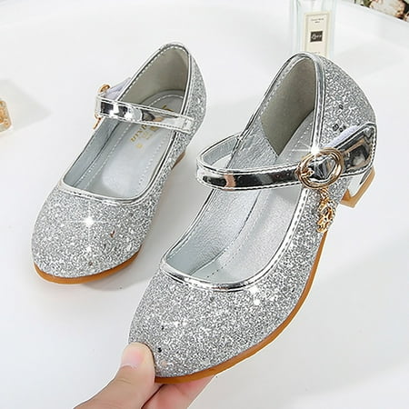 

WZJuhiie Girl Princess PU Sequins Shoes Children Silver Performance Shoes