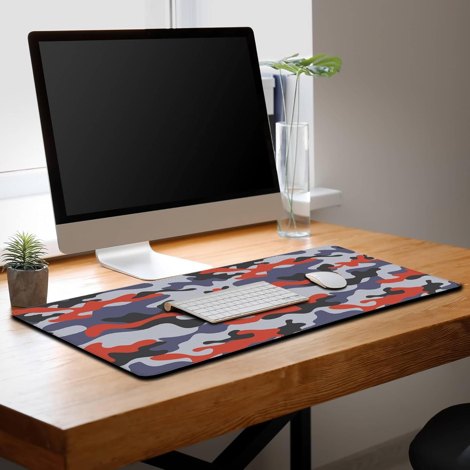 Keyboard Mouse Pad Blue Home Office Desk Pad Large Mousepads Computer Mat Keyboard Desk Mat Waterproof Non-Slip Rubber Base 35.4" X 15.7" for Game Office, Camouflage with Red Spots