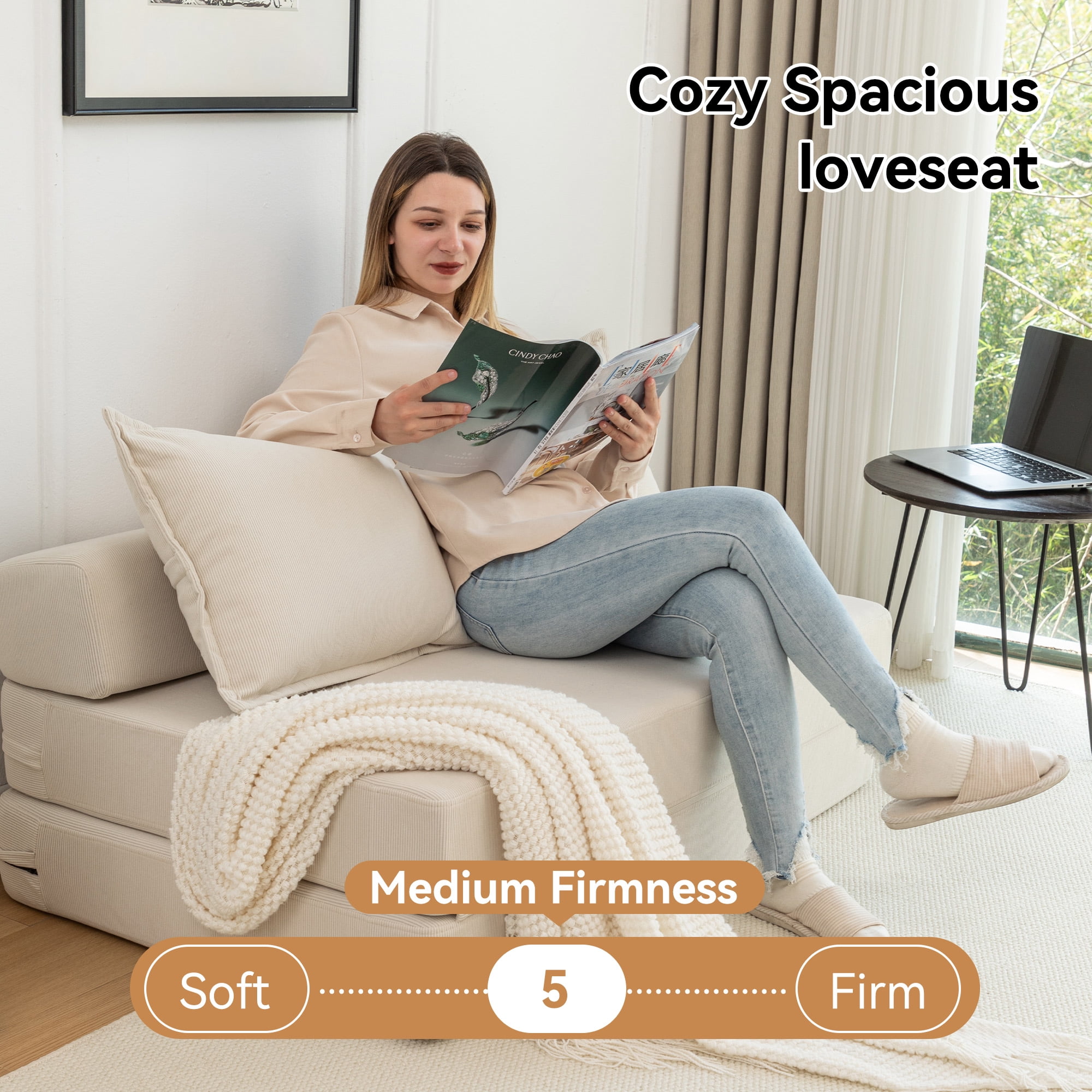 Aukfa Twin Folding Sofa Bed Sleeper Chair with Pillows, Corduroy Convertible Floor Couch Mattress for Living Room, Dorm, Guest Room, Beige
