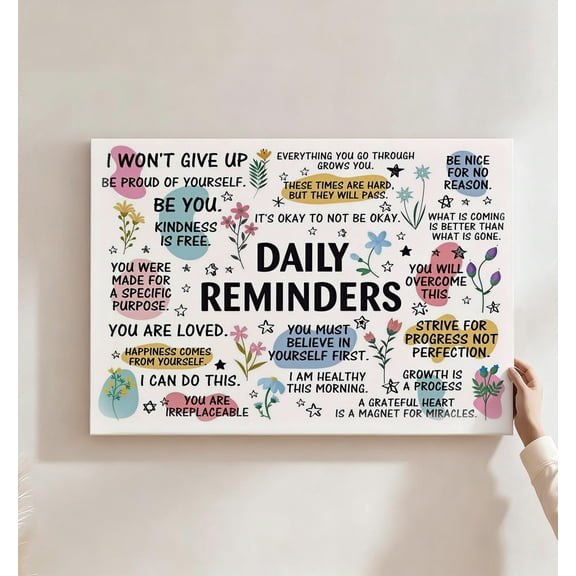 Daily Reminders Positive Affirmations Canvas Wall Art, Boho Floral Motivational Decor, Uplifting Quote Artwork For Bedroom, Office, Bathroom, Ready To Hang8*12inch(20*30cm)
