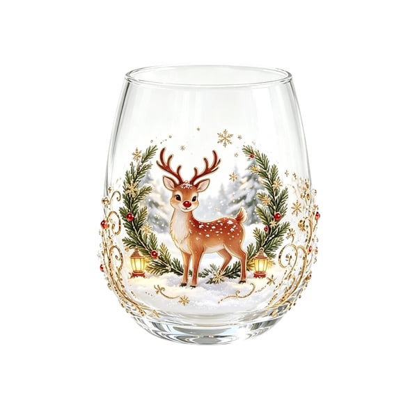 Christmas Pattern Stemless Glass Tumbler, Festive Holiday Drinking Glass Cups for Hot & Cold Drinks