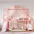 thumbnail image 2 of Twin Size House Loft Bed Frame with Slide and Staircase, Metal Playhouse Loft Bed with Storage Shelves, House-shaped Roof and Noise-free Design for Bedroom, Apartment, Mattress Not Included, Pink, 2 of 9
