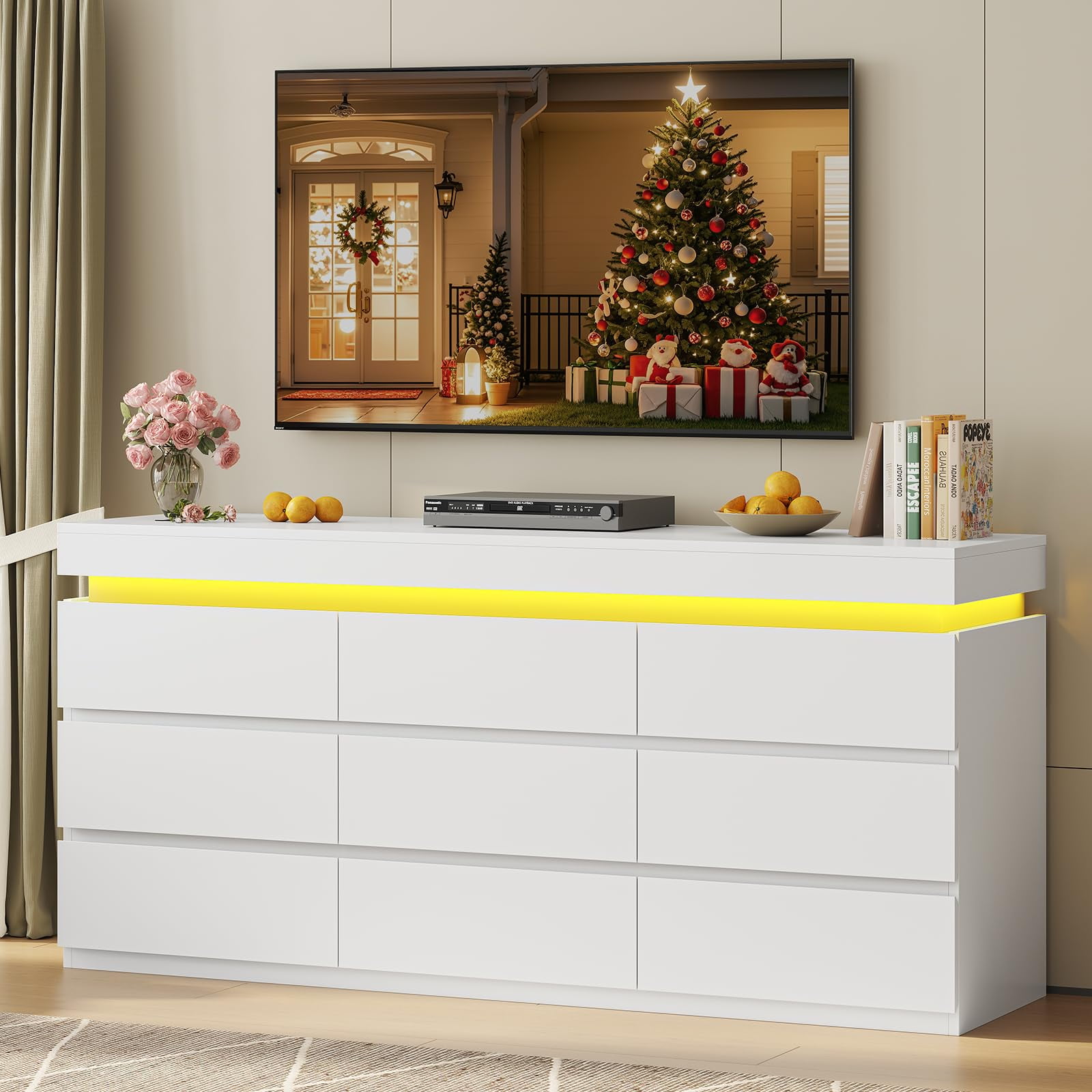 Afuhokles Wide Dresser TV Stand with 9 Drawers Dresser for Bedroom Chests of Drawers for Living Room, White