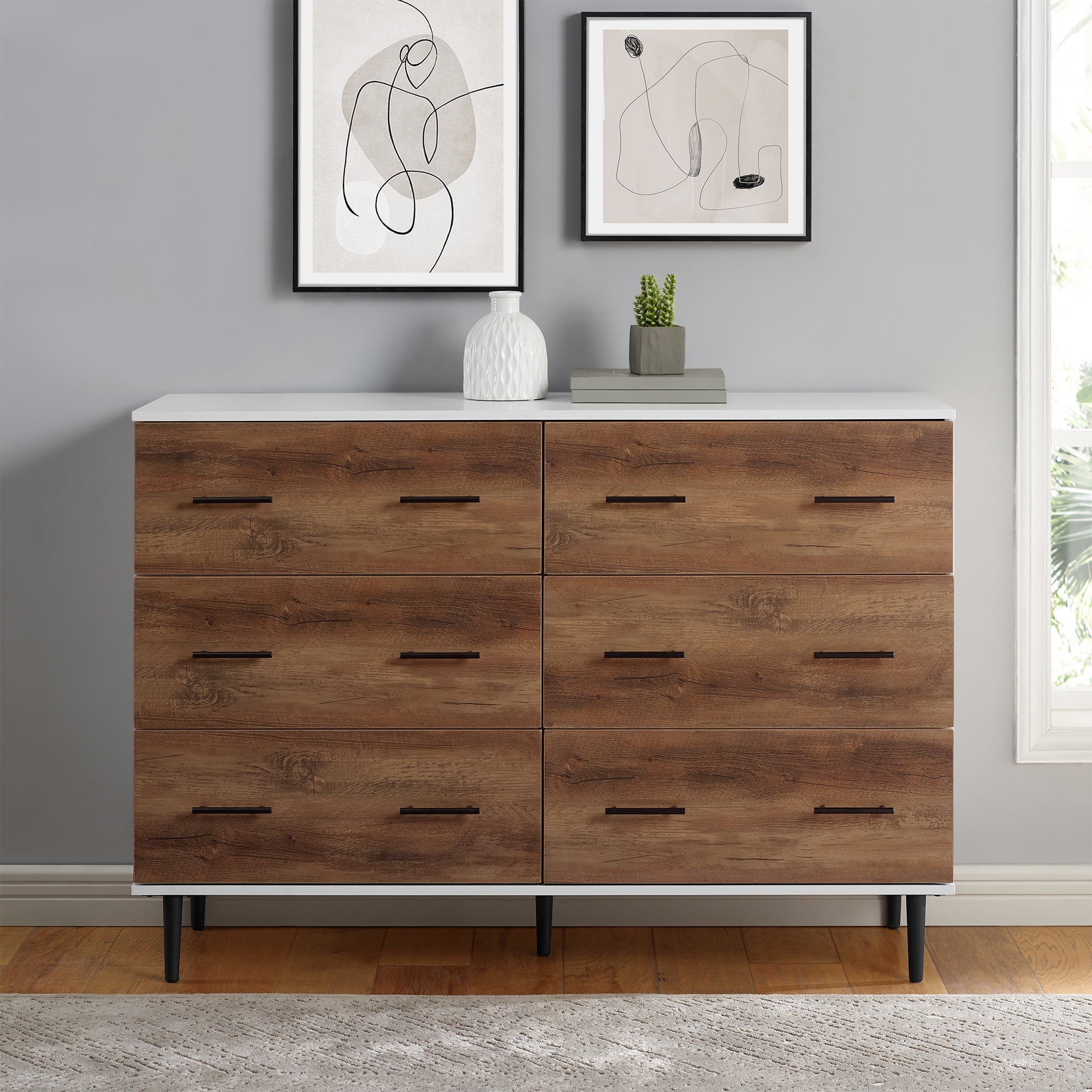 Savanna Modern Wood 6 Drawer Dresser - White/Rustic Oak