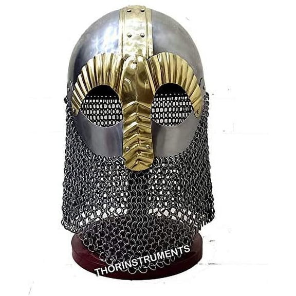 Medieval Mask Viking Chain Mail Helmet Replica Armor Warrior Helmet On Stand