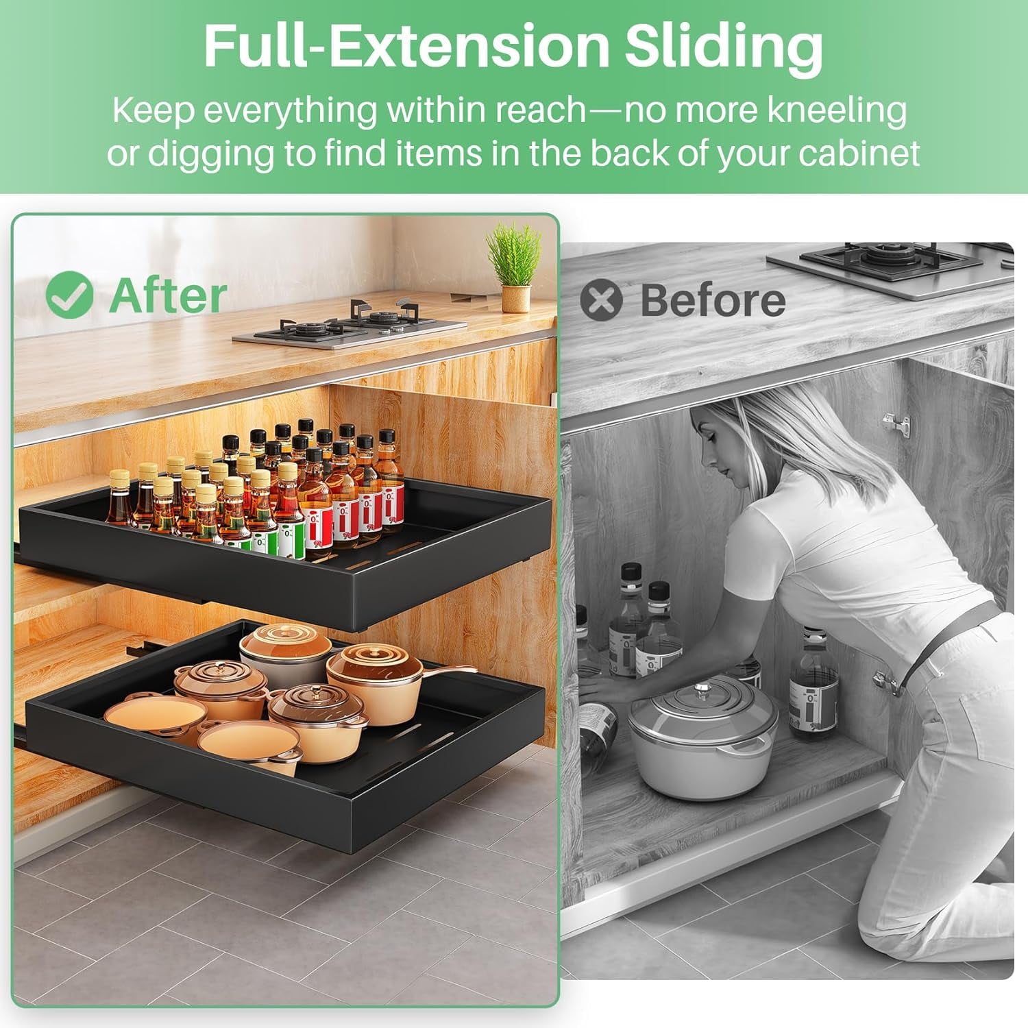 2Pack Pull out Cabinet Organizer, 21"Deep, 20"Wide Full-extension Heavy Duty Slide out Drawers Fixed with Adhesive Nano, Roll Out Shelves Sliding Cabinet for Kitchen,Bathroom,Pantry,Under Sink(Black)