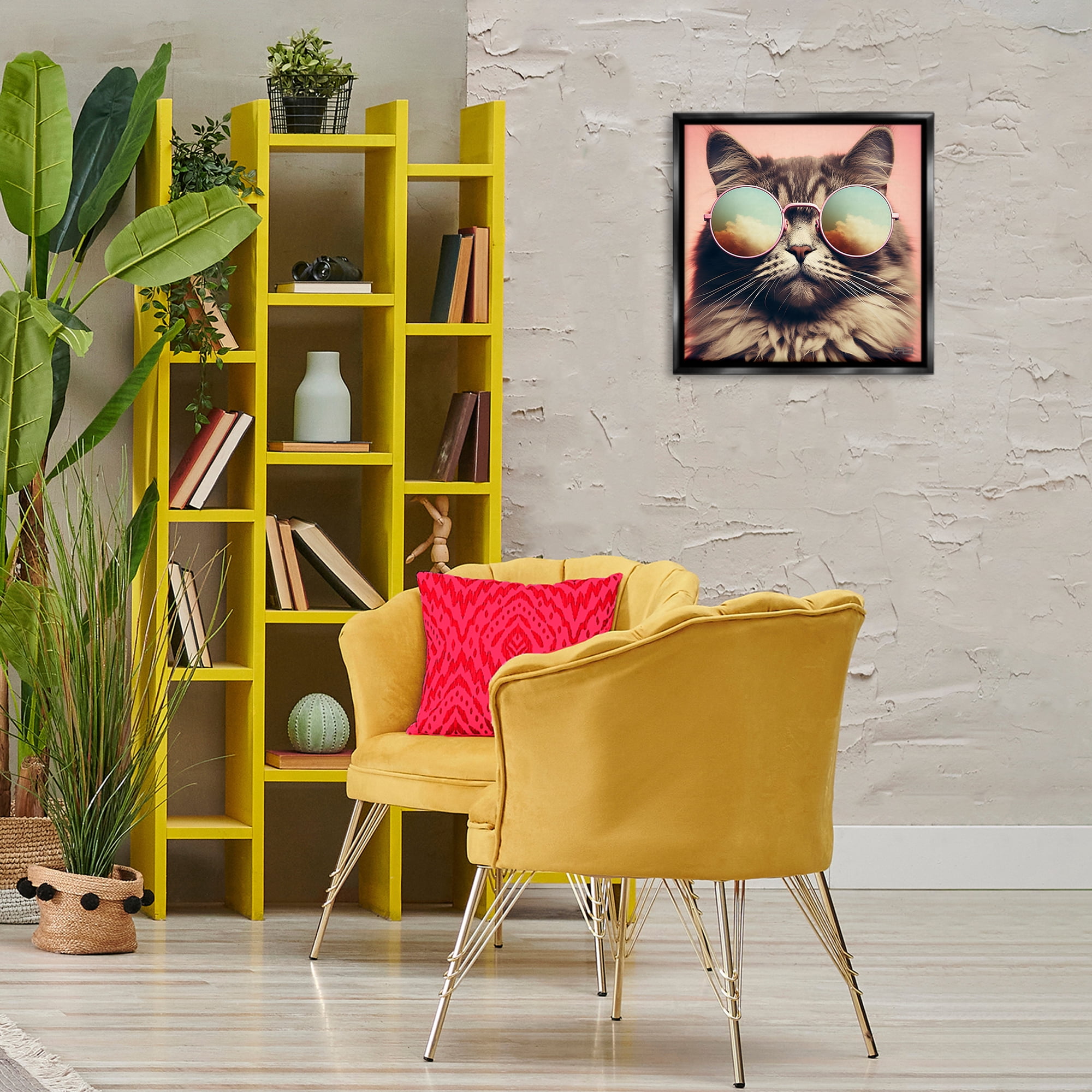 Stupell Industries Cat & Cloud Reflection Glasses Animals & Insects Painting Black Floater Framed Canvas Art Print Wall Art, 18 x 18