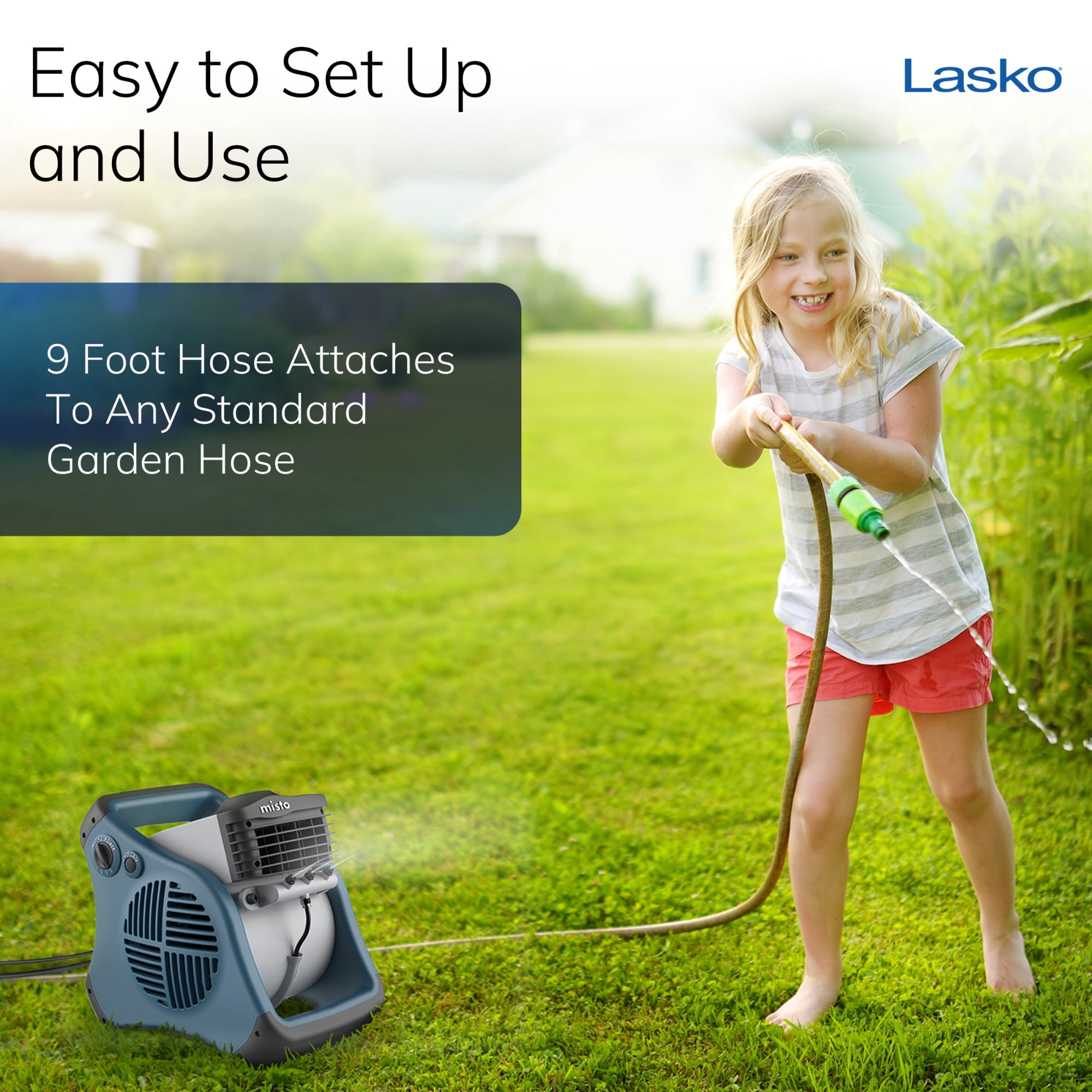 Lasko Misto 15" Outdoor Misting Fan, Pivoting Patio Cooling Fan with 3 Speeds, GFCI Safety Cord, Blue, 7054