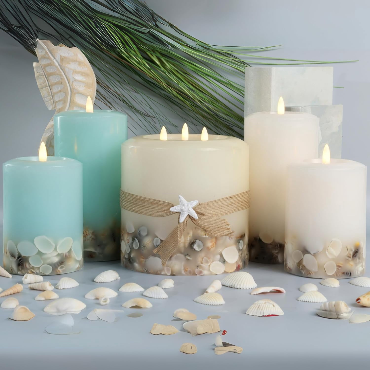 LUMIPUR Signature Coastal Collection Natural Glow Flickering Flameless LED Wax Pillar Candle with Seashell Embed (White, 3.5" x 7")